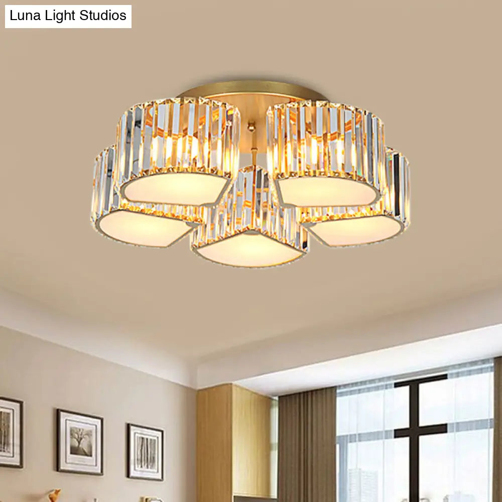 Modern Crystal Semi Flush Ceiling Light Fixture With Shell/Square Shade - 5/7-Head Design In Gold