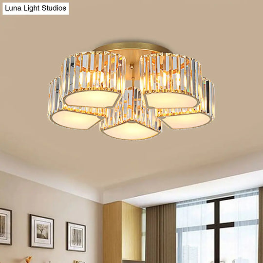 Modern Crystal Semi Flush Ceiling Light Fixture With Shell/Square Shade - 5/7-Head Design In Gold