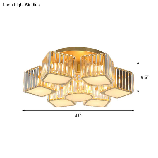 Modern Crystal Semi Flush Ceiling Light Fixture With Shell/Square Shade - 5/7-Head Design In Gold