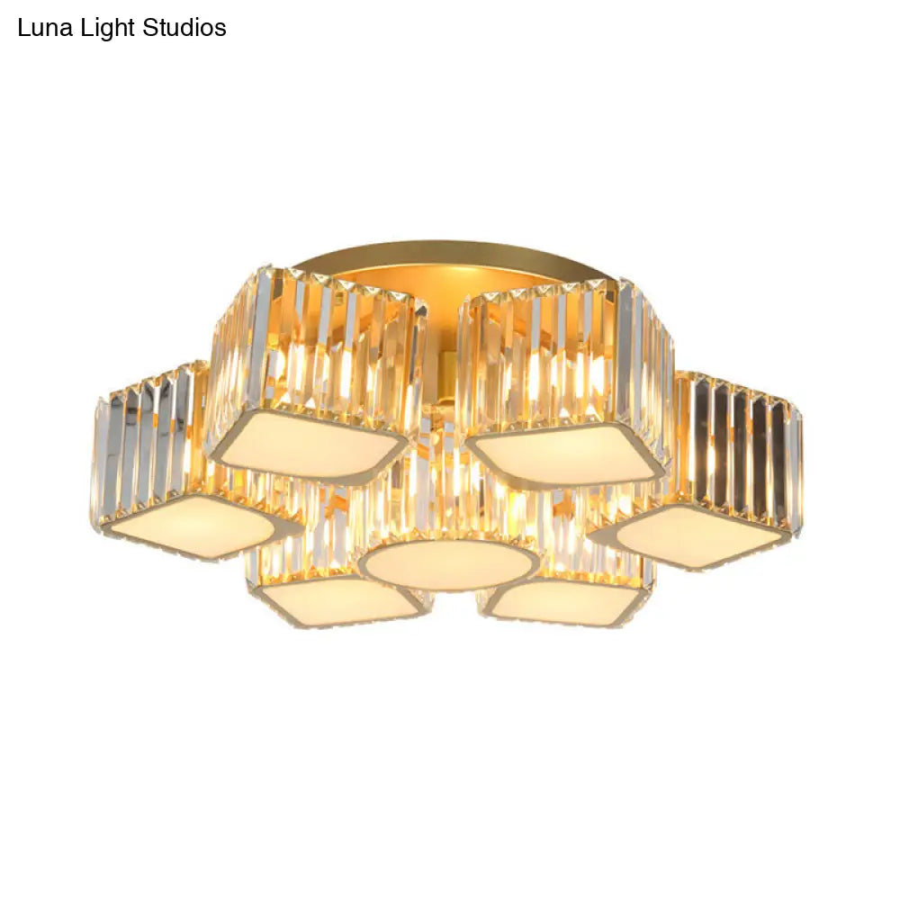 Modern Crystal Semi Flush Ceiling Light Fixture With Shell/Square Shade - 5/7-Head Design In Gold