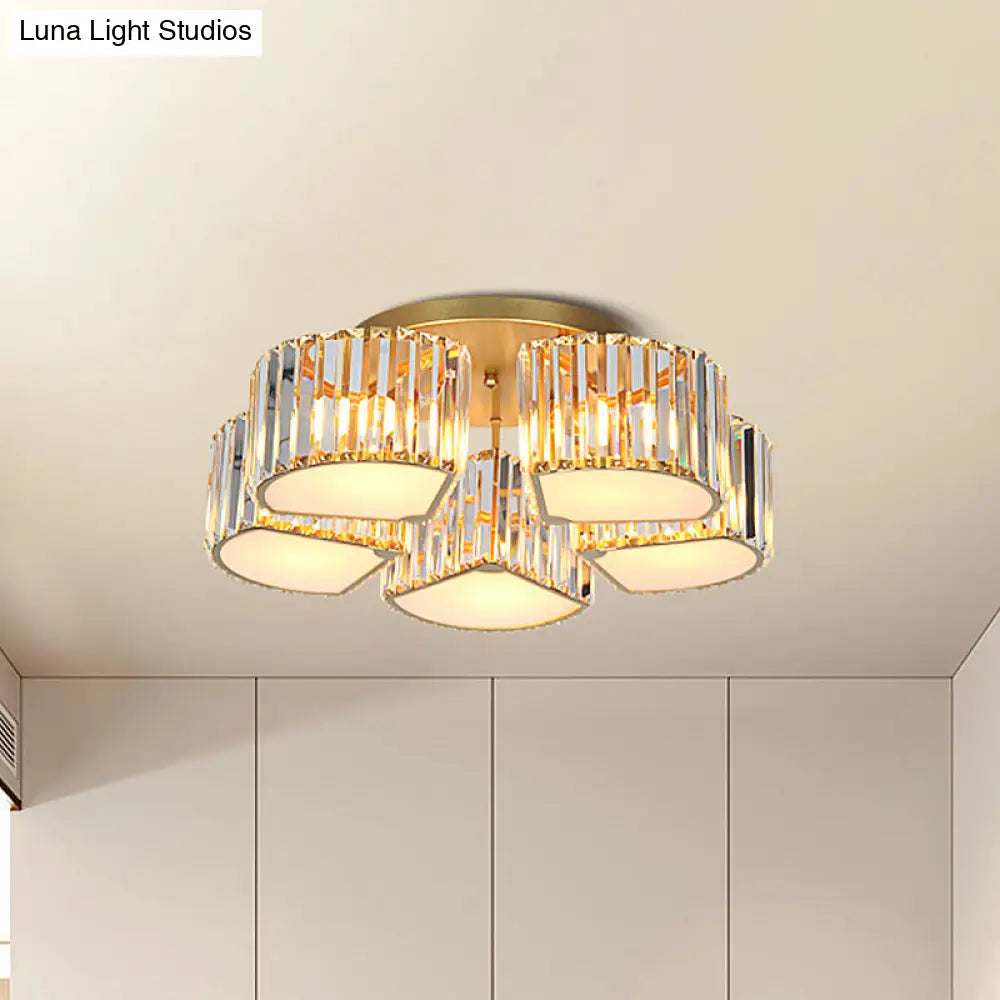 Modern Crystal Semi Flush Ceiling Light Fixture With Shell/Square Shade - 5/7-Head Design In Gold