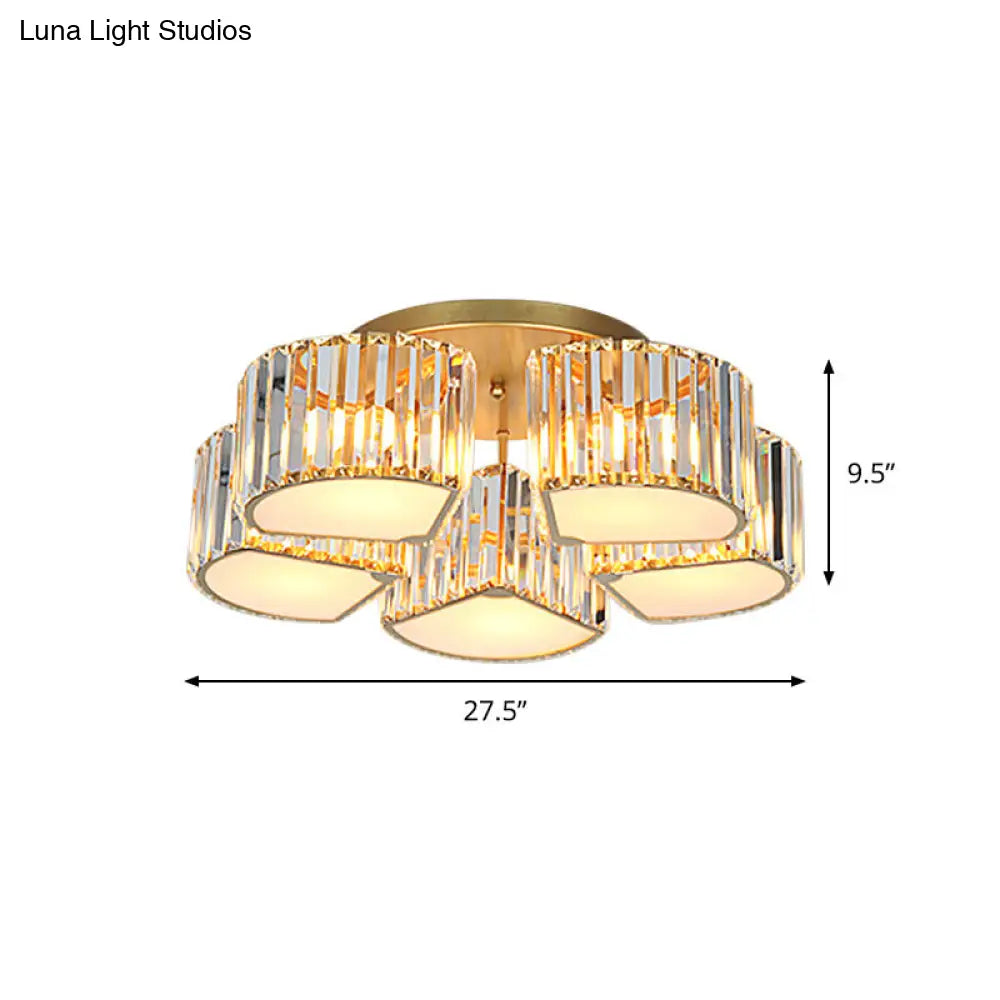 Modern Crystal Semi Flush Ceiling Light Fixture With Shell/Square Shade - 5/7-Head Design In Gold