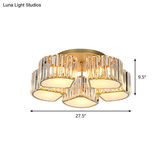 Modern Crystal Semi Flush Ceiling Light Fixture With Shell/Square Shade - 5/7-Head Design In Gold