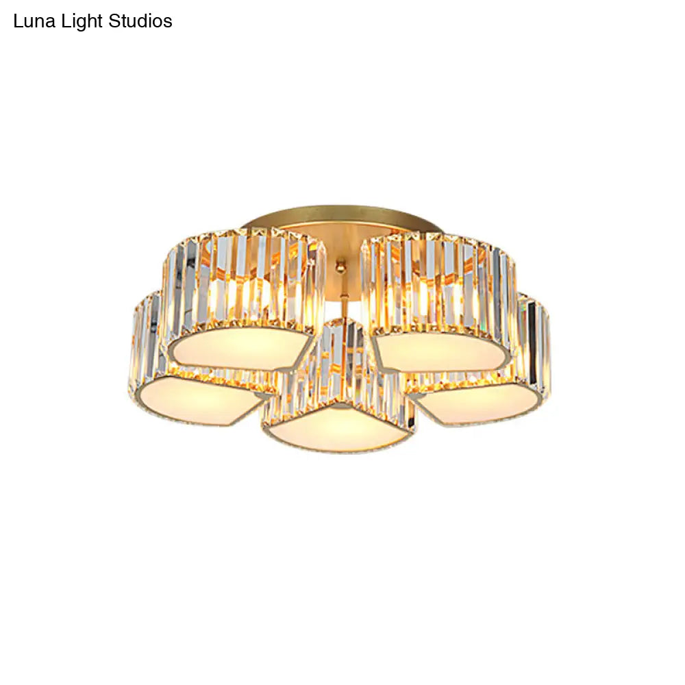 Modern Crystal Semi Flush Ceiling Light Fixture With Shell/Square Shade - 5/7-Head Design In Gold