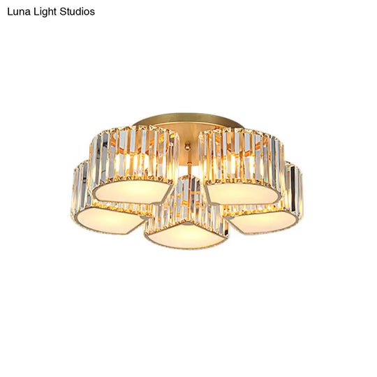 Modern Crystal Semi Flush Ceiling Light Fixture With Shell/Square Shade - 5/7-Head Design In Gold