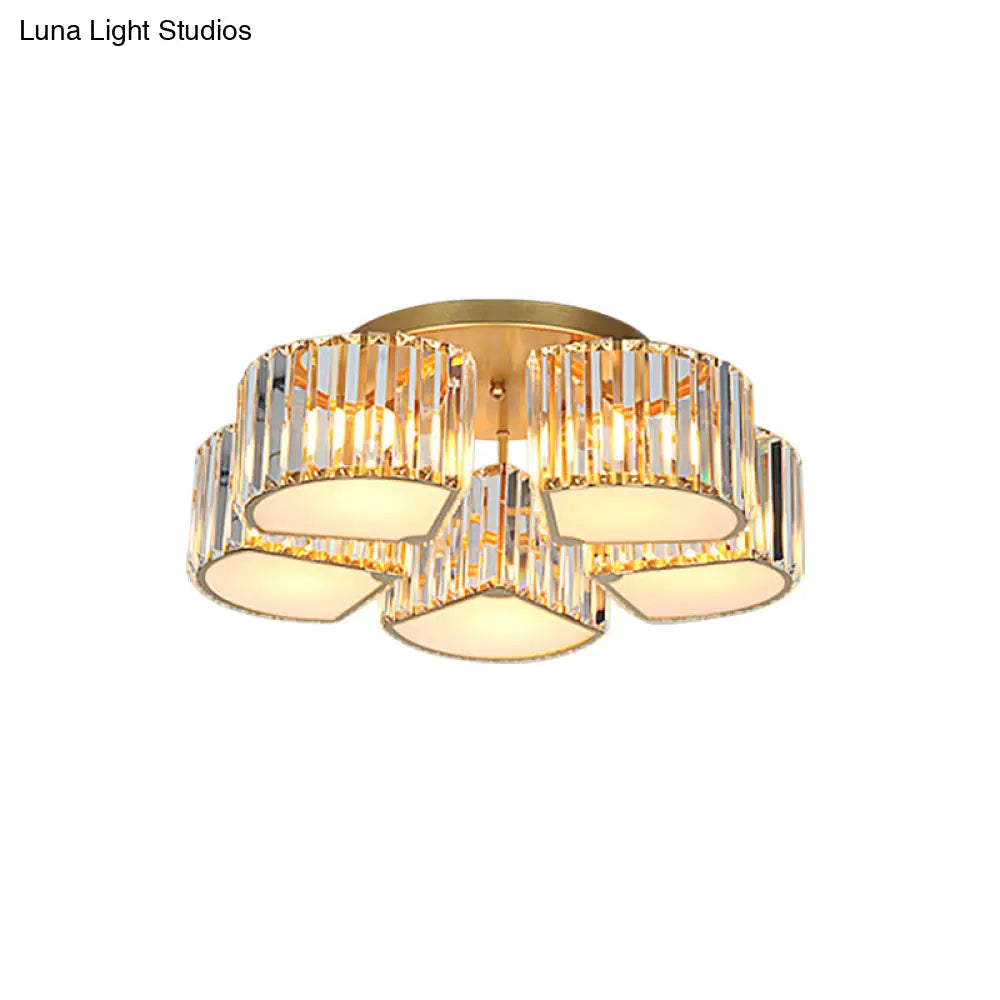 Modern Crystal Semi Flush Ceiling Light Fixture With Shell/Square Shade - 5/7 - Head Design In Gold