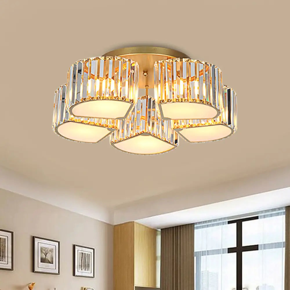 Modern Crystal Semi Flush Ceiling Light Fixture With Shell/Square Shade - 5/7 - Head Design In Gold