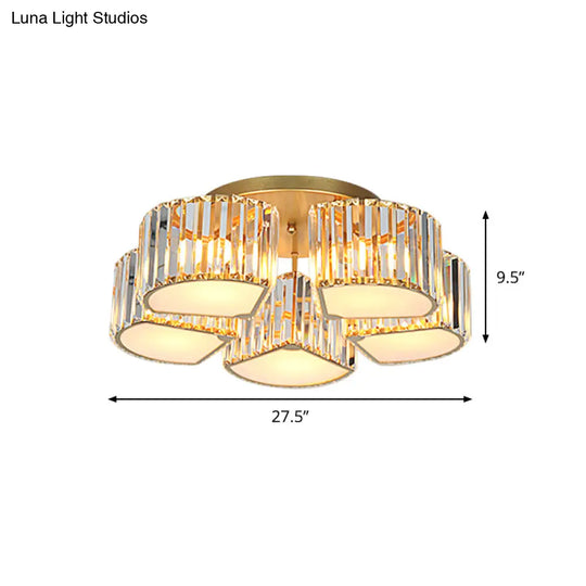 Modern Crystal Semi Flush Ceiling Light Fixture With Shell/Square Shade - 5/7 - Head Design In Gold