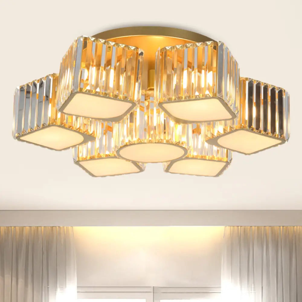 Modern Crystal Semi Flush Ceiling Light Fixture With Shell/Square Shade - 5/7 - Head Design In Gold