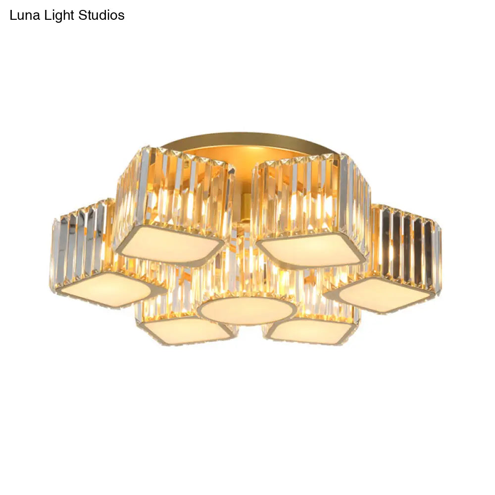 Modern Crystal Semi Flush Ceiling Light Fixture With Shell/Square Shade - 5/7 - Head Design In Gold