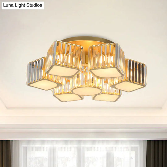 Modern Crystal Semi Flush Ceiling Light Fixture With Shell/Square Shade - 5/7-Head Design In Gold