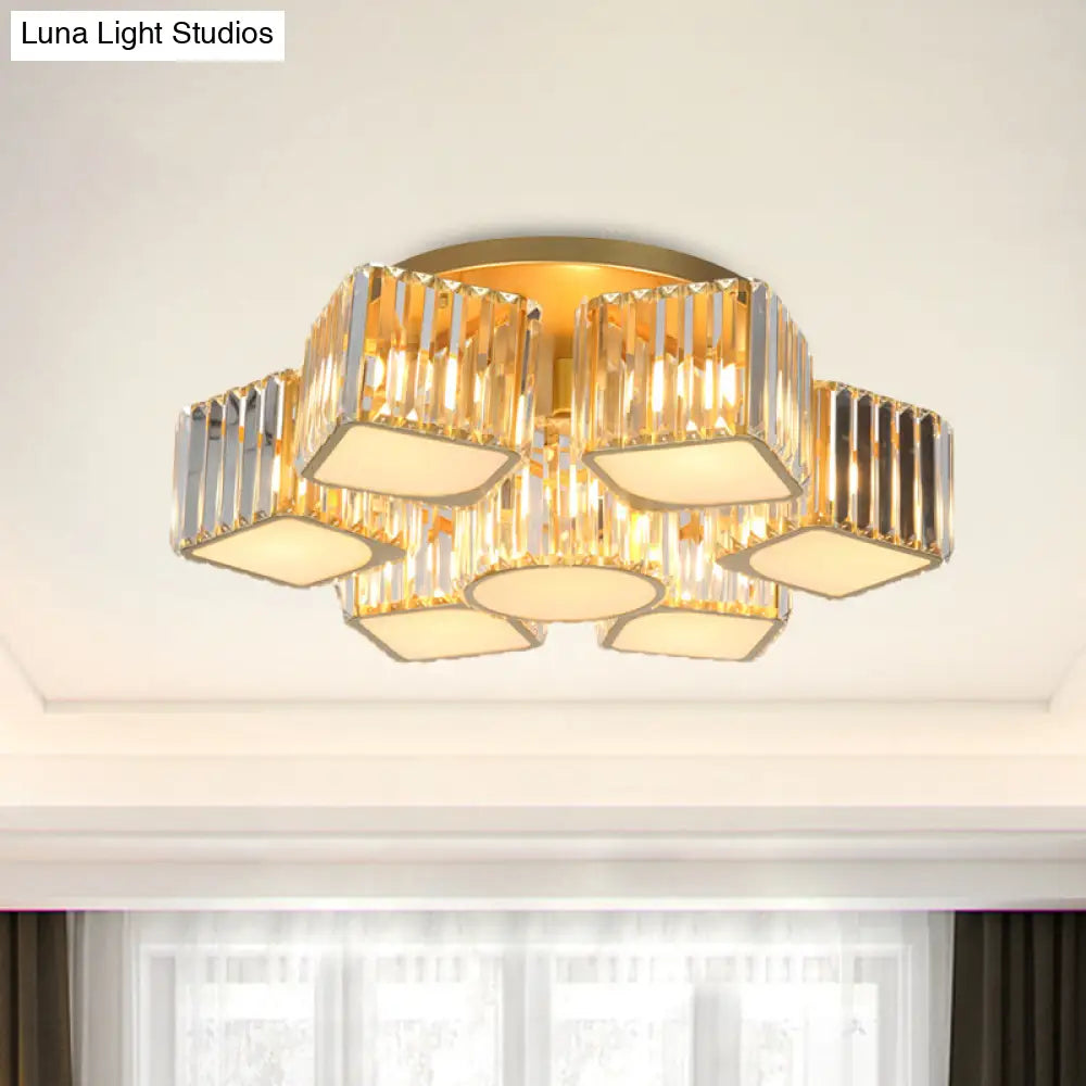 Modern Crystal Semi Flush Ceiling Light Fixture With Shell/Square Shade - 5/7 - Head Design In Gold