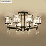 Modern Crystal Semi Flush Ceiling Light With Black Cylinder Design Ideal For Bedroom