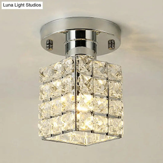 Modern Crystal Semi Flushmount Ceiling Light With Rectangle Block Shade Silver