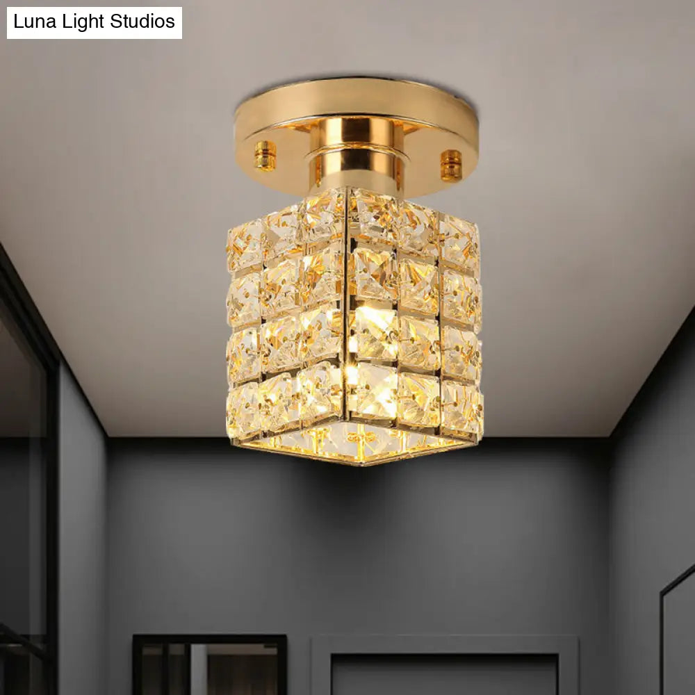 Modern Crystal Semi Flushmount Ceiling Light With Rectangle Block Shade Gold