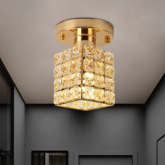 Modern Crystal Semi Flushmount Ceiling Light With Rectangle Block Shade Gold