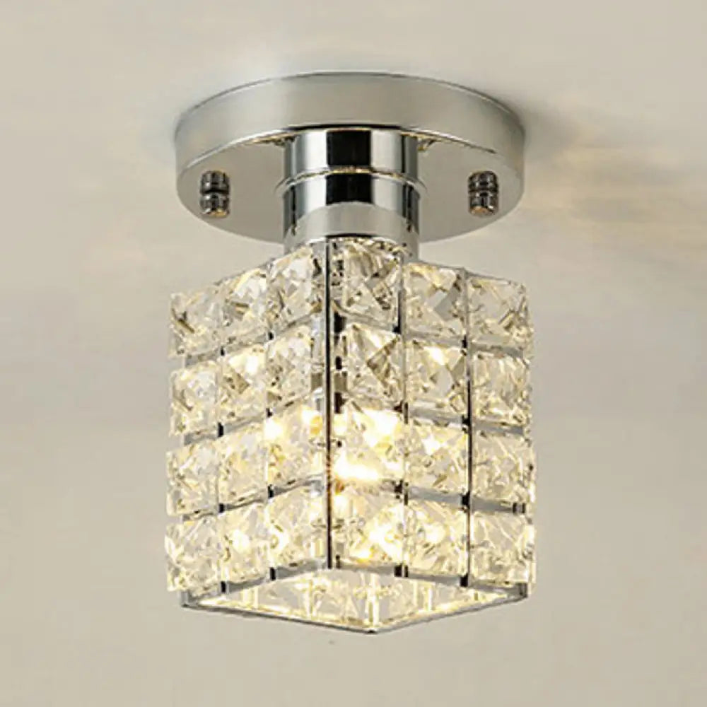Modern Crystal Semi Flushmount Ceiling Light With Rectangle Block Shade Silver