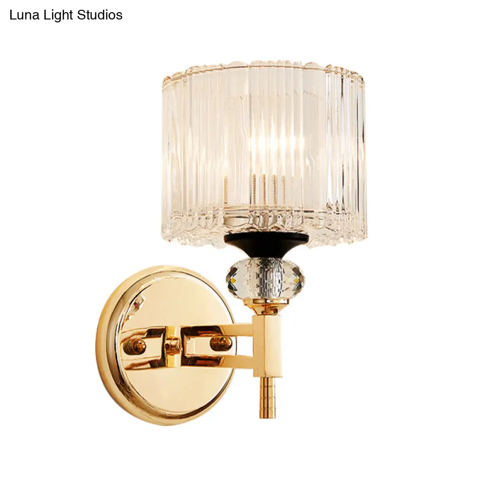 Modern Crystal Shade Wall Light: 1-Light Gold Cylinder Sconce Fixture