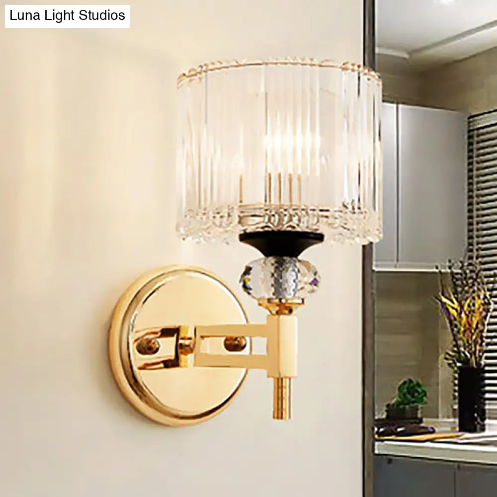 Modern Crystal Shade Wall Light: 1-Light Gold Cylinder Sconce Fixture