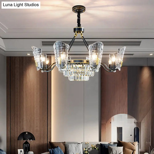 Modern Crystal Shield Ceiling Chandelier - 4/6/8 Lights Black Hanging Light Kit