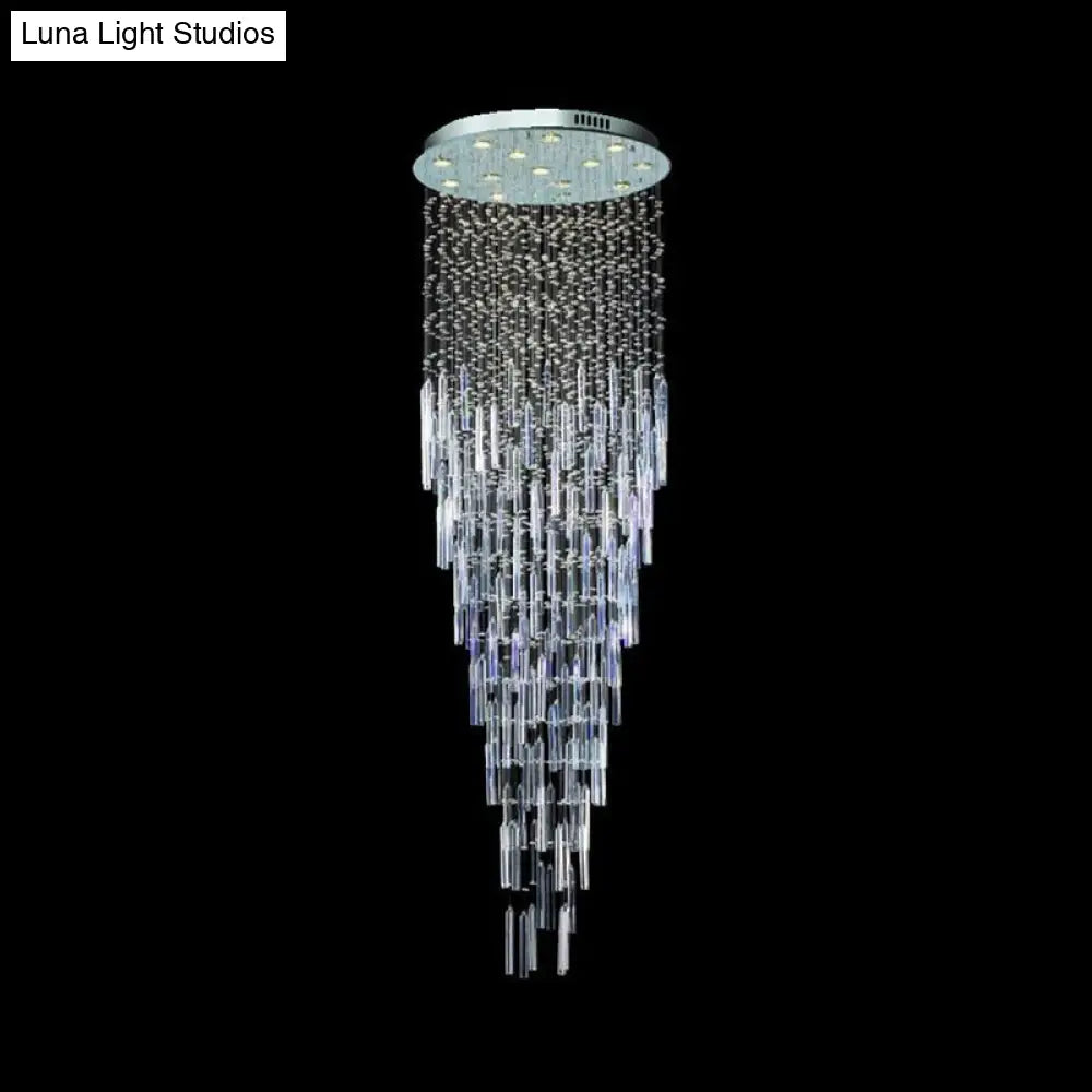 Modern Crystal Multi-Pendant Chandelier With 13 Silver Orb And Rod Lights For Stairways