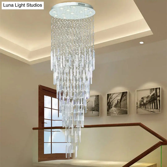 Modern Crystal Multi-Pendant Chandelier With 13 Silver Orb And Rod Lights For Stairways