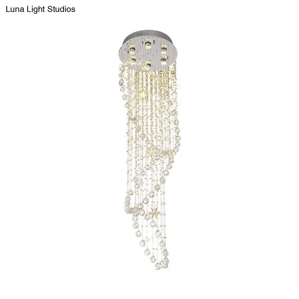 Modern Crystal Silver Waterfall Pendant Light With Led 6 Head Ceiling Suspension Lamp