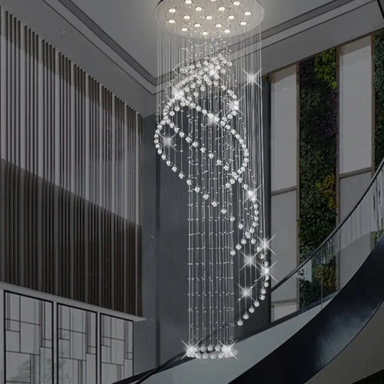 Modern Crystal Spiral Lobby Pendant Light With Led And Chrome Finish