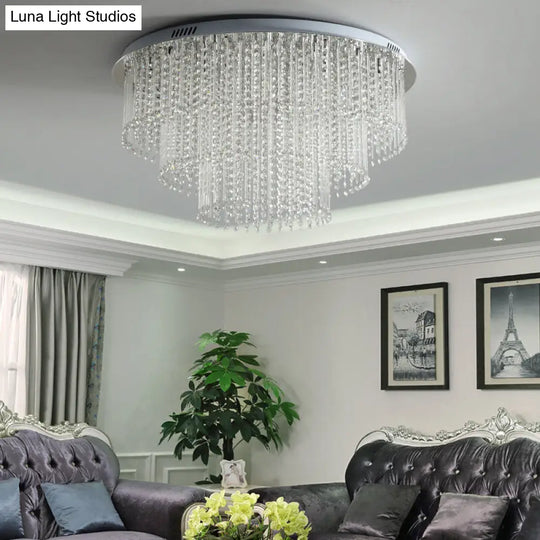 Modern Crystal Strand 3-Tier Nickel Led Ceiling Light Flush Mount For Living Room