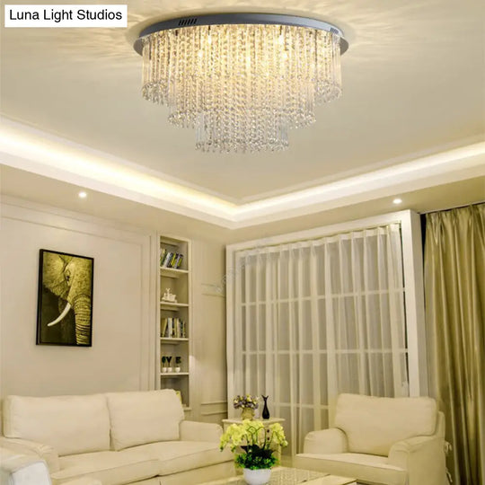 Modern Crystal Strand 3-Tier Nickel Led Ceiling Light Flush Mount For Living Room