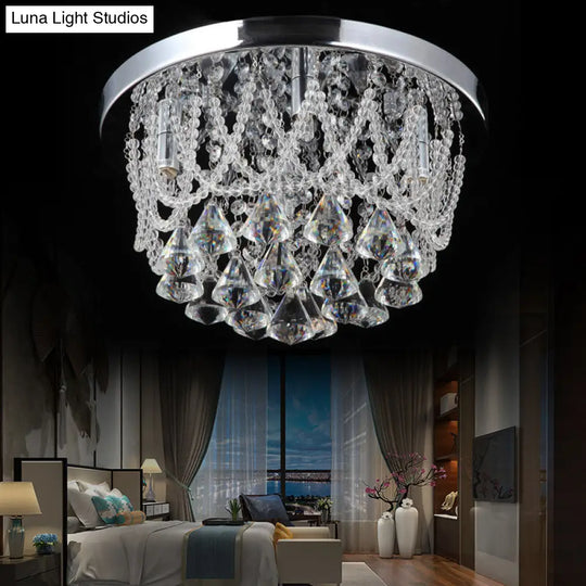 Modern Crystal Strand Ceiling Lamp - Dome Flush 3 Lights 14/18 Wide Chrome; Ideal For Bedroom Chrome