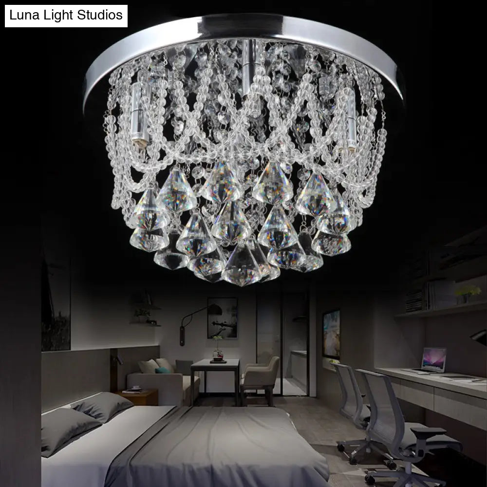 Modern Crystal Strand Ceiling Lamp - Dome Flush 3 Lights 14’/18’ Wide Chrome; Ideal For Bedroom