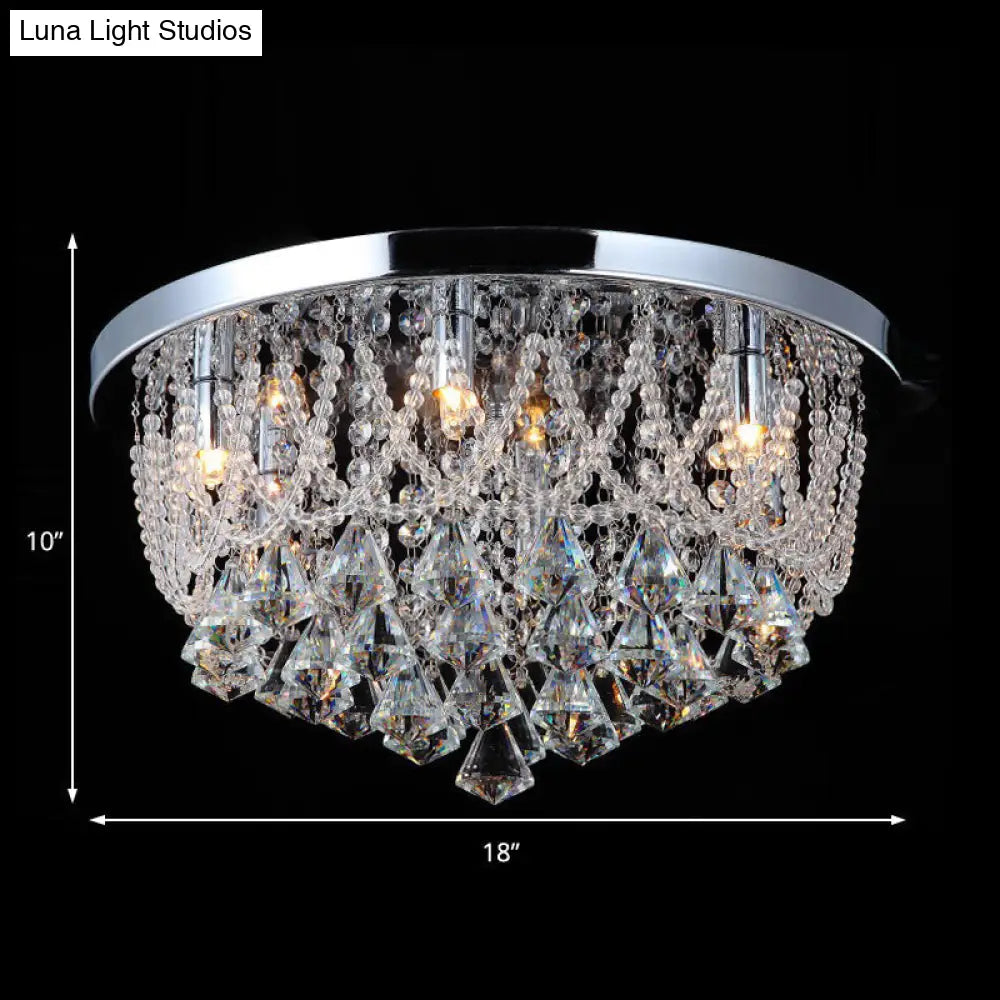 Modern Crystal Strand Ceiling Lamp - Dome Flush 3 Lights 14/18 Wide Chrome; Ideal For Bedroom