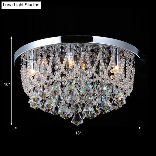 Modern Crystal Strand Ceiling Lamp - Dome Flush 3 Lights 14’/18’ Wide Chrome; Ideal For Bedroom