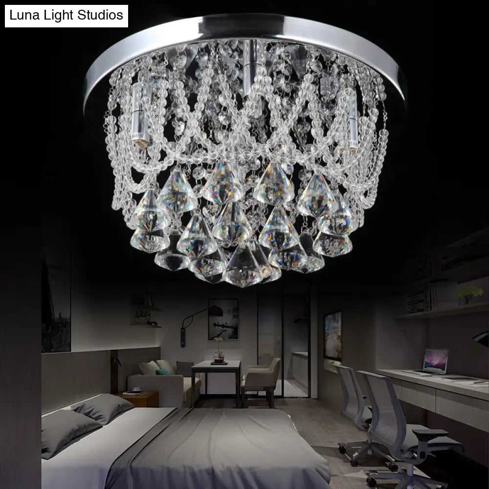 Modern Crystal Strand Ceiling Lamp - Dome Flush 3 Lights 14/18 Wide Chrome; Ideal For Bedroom