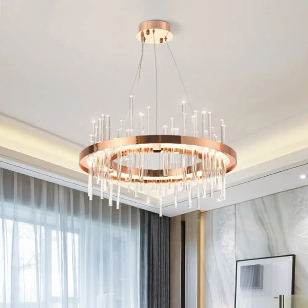 Modern Crystal Strip Led Chandelier - Rose Gold Circle Ceiling Suspension Lamp For Bedroom