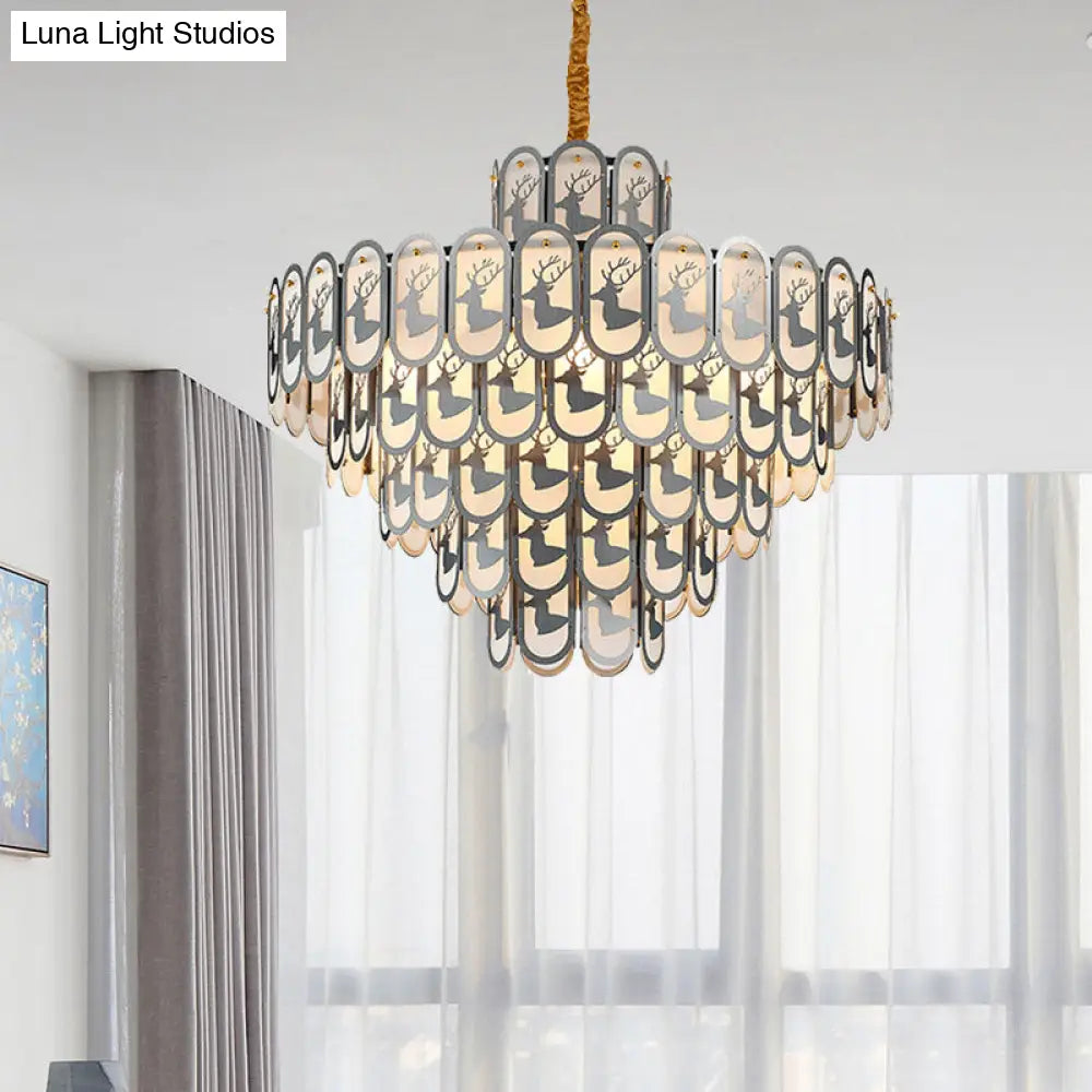 Modern Crystal Tiered Chandelier Pendant Light With Elk Pattern - 12/16 Lights Nickel Finish