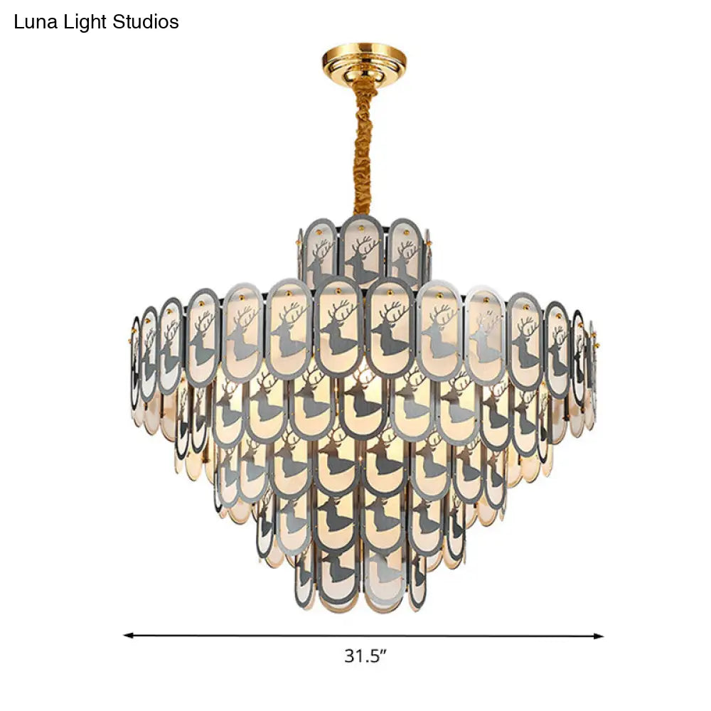 Modern Crystal Tiered Chandelier Pendant Light With Elk Pattern - 12/16 Lights Nickel Finish