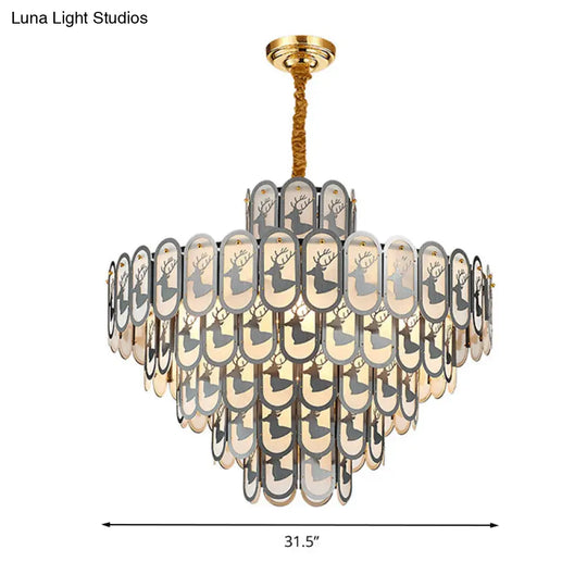 Modern Crystal Tiered Chandelier Pendant Light With Elk Pattern - 12/16 Lights Nickel Finish