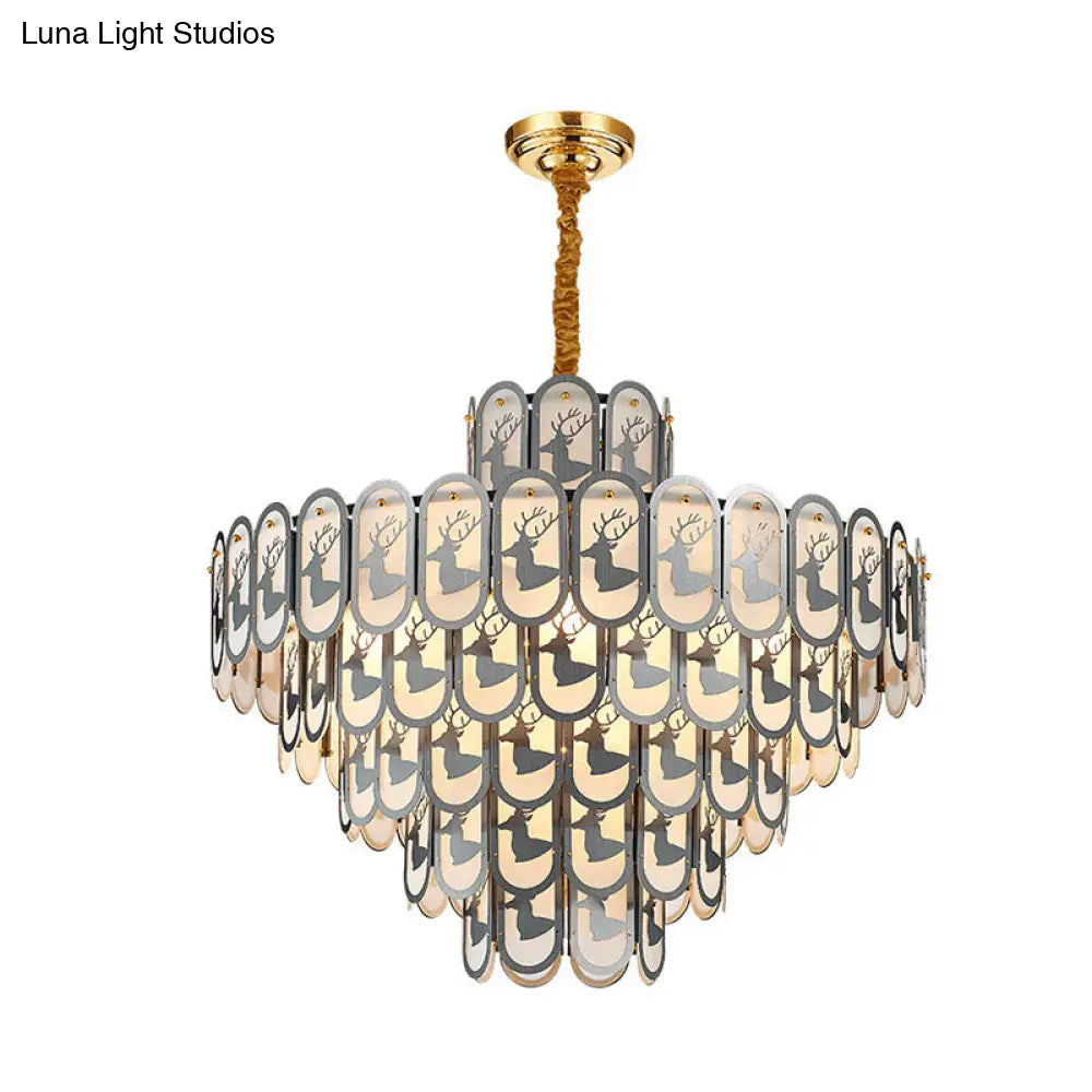 Modern Crystal Tiered Chandelier Pendant Light With Elk Pattern - 12/16 Lights Nickel Finish