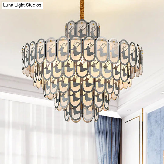 Modern Crystal Tiered Chandelier Pendant Light With Elk Pattern - 12/16 Lights Nickel Finish