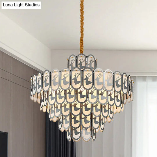 Modern Crystal Tiered Chandelier Pendant Light With Elk Pattern - 12/16 Lights Nickel Finish