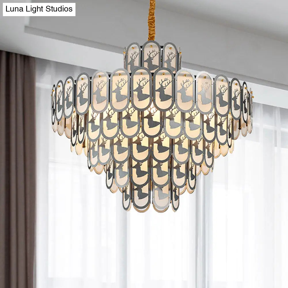 Modern Crystal Tiered Chandelier Pendant Light With Elk Pattern - 12/16 Lights Nickel Finish