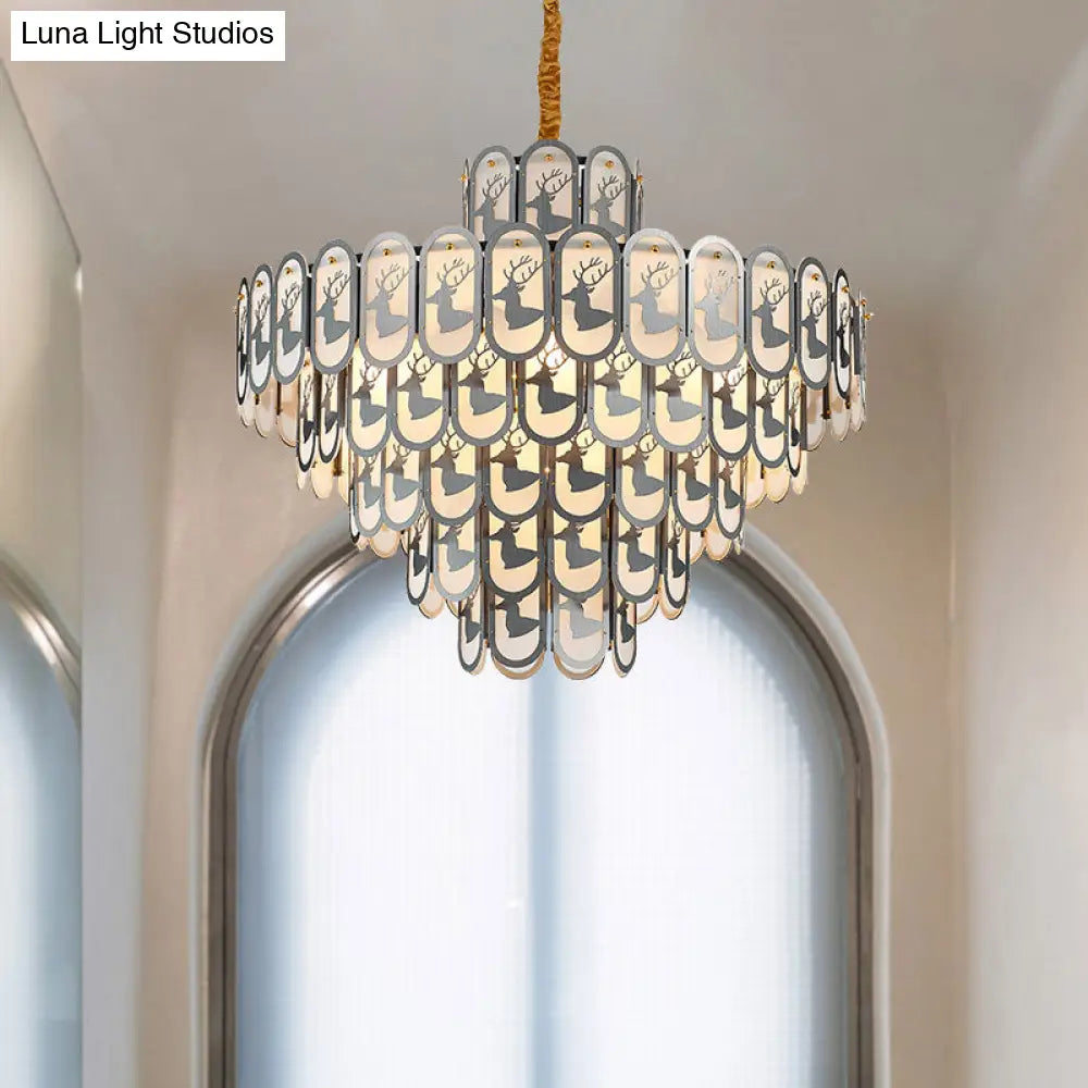 Modern Crystal Tiered Chandelier Pendant Light With Elk Pattern - 12/16 Lights Nickel Finish