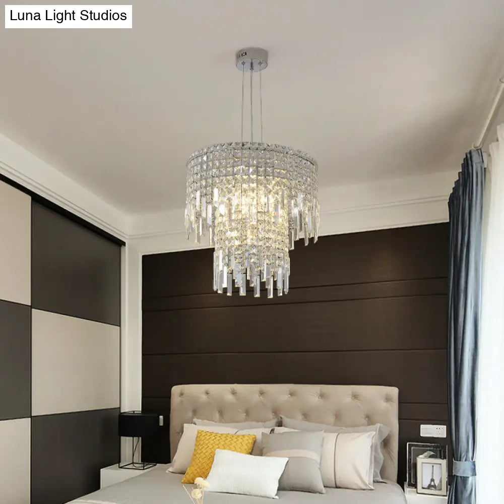 Modern Crystal Tiered Hanging Lamp - Clear Rectangular-Cut 4 Lights Silver Chandelier