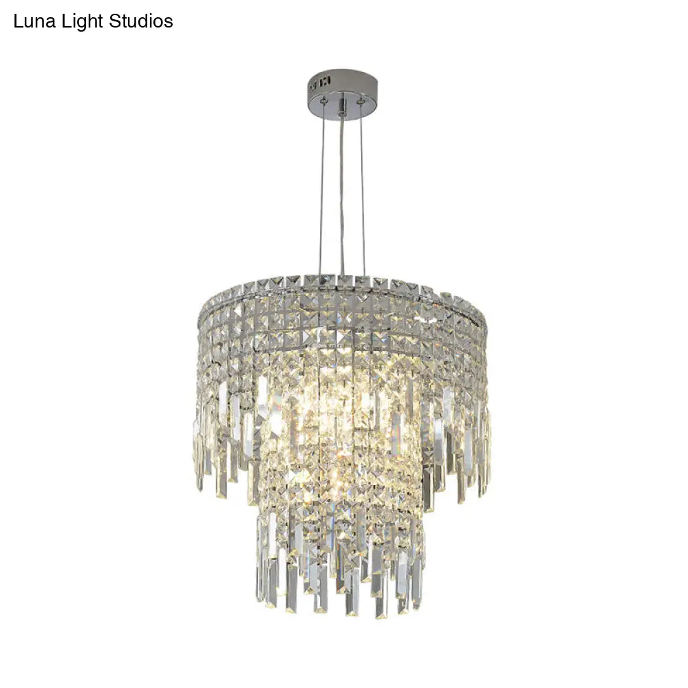 Modern Crystal Tiered Hanging Lamp - Clear Rectangular-Cut 4 Lights Silver Chandelier