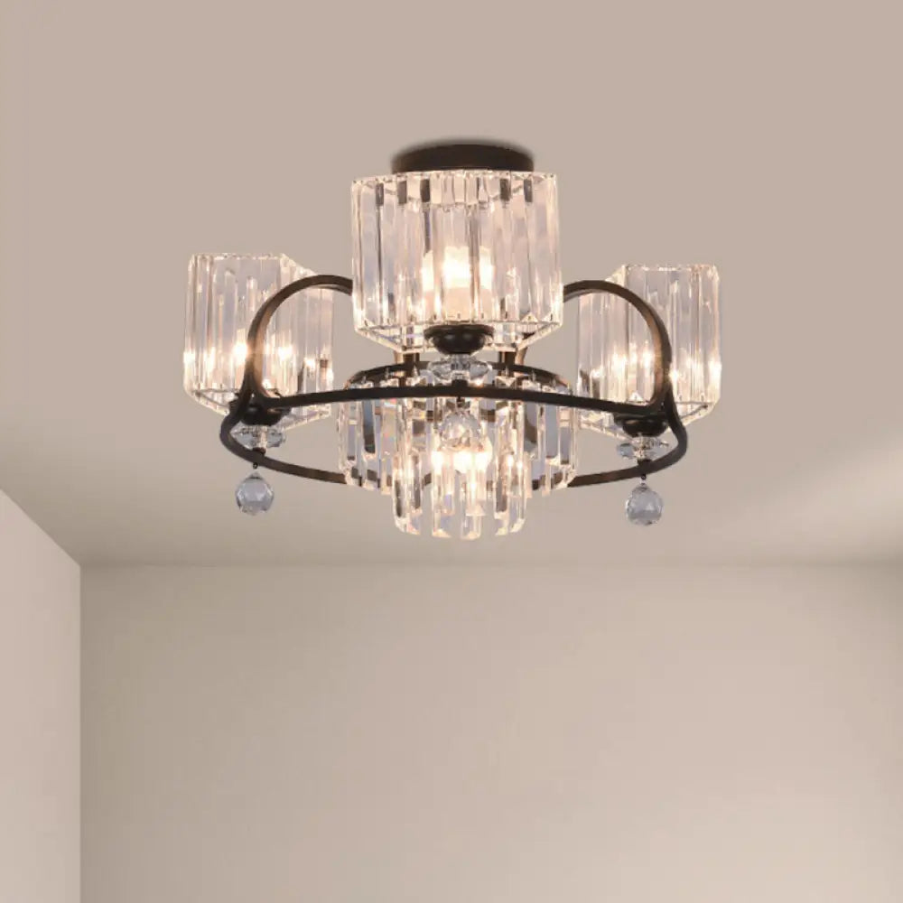 Modern Crystal Trapezoid Light Fixture - 4/8 Bulb Dining Room Semi Flush With Sleek Black Frame 4 /