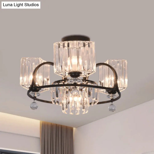 Modern Crystal Trapezoid Light Fixture - 4/8 Bulb Dining Room Semi Flush With Sleek Black Frame