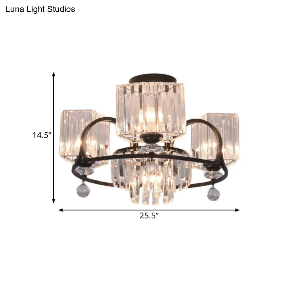 Modern Crystal Trapezoid Light Fixture - 4/8 Bulb Dining Room Semi Flush With Sleek Black Frame