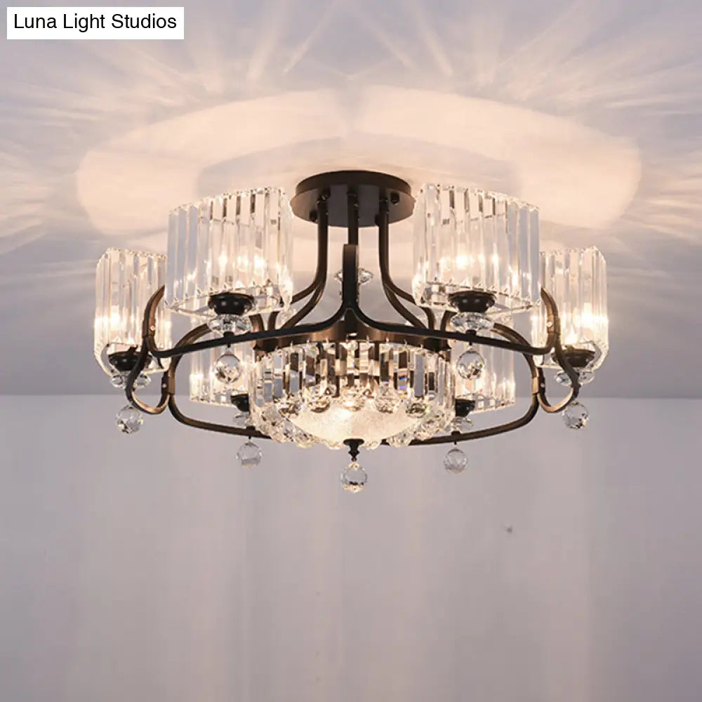 Modern Crystal Trapezoid Light Fixture- 4/8 Bulb Dining Room Semi Flush With Sleek Black Frame